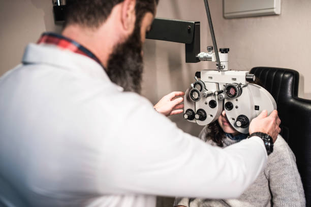 Optician worker and customer, glasses and vision